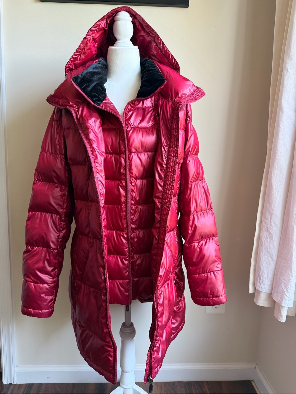 Calvin Klein Down Puffer Parka Length Ruby Red Hooded Coat Womens XXL